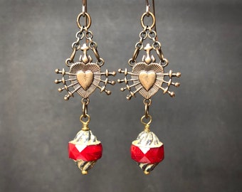 Crimson Christabel Earrings, White Bronze Seven Sorrows Heart and Swords, Red Striped Turbine Beads, Victorian Gothic Jewelry