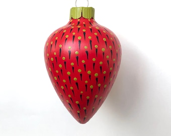 Strawberry Ornament, Colorful Christmas Tree, Hand Painted Modern Holiday, Folk Art Strawberry