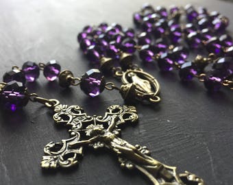 Purple Romantic Gothic Rosary, Brass & Czech Glass, Handmade Ornate Prayer Beads, Dark Victorian Romance