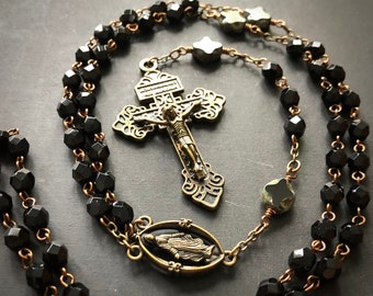 Black Hand-Made Rosary, Czech Glass Beads with Brass Hardware, Prayer Beads or Long Layering Jewelry