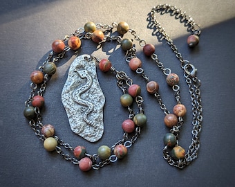 Primitive Rattlesnake Pendant with Matte Jasper Beaded Chain  /  Long Necklace, Serpent Jewelry, Snake Talisman