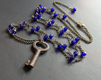 Vintage Key on Cobalt Blue Beaded Chain, Adjustable Rosary Necklace