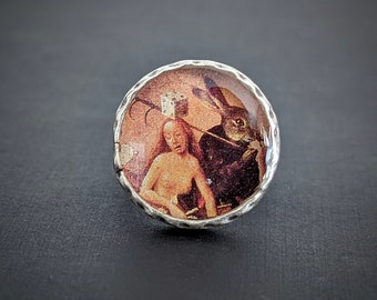 Lady Luck & The Hare Ring  /  Adjustable Size H. Bosch Art Image Under Resin
