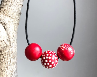 Red and White Bold Dot Pattern Necklace, Adjustable Length Leather Cord Hand-Painted Wood Beads