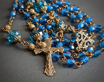 Delicate Sea Blue Antique Style Rosary with Bronze Components and Czech Glass Beads