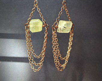 Prehnite Chandelier Earrings with Brass Chains / Gemstone of Dreaming and Prophecy / Surgical Steel Ear Wire