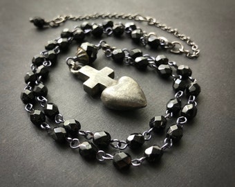 Cora Necklace, Pewter Heart & Cross Pendant on a Black Rosary Chain, Dark Valentine's Day, Goth Sweetheart, Ex Voto