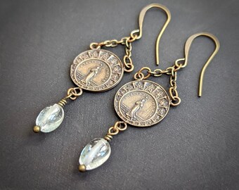 Star of the Sea Earrings with Quartz Accents, Bronze Mary Medallions with 5-Pointed Stars, Blessed Mother as Sea Goddess, Rosary Jewelry