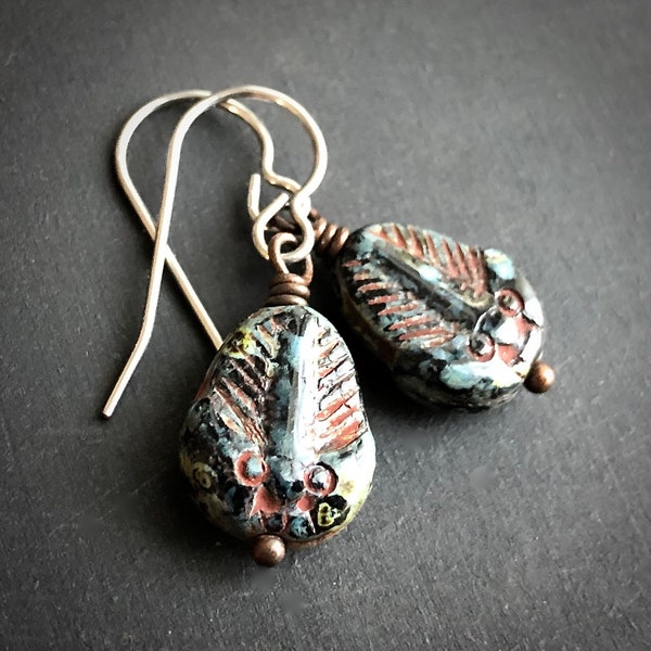 Trilobite Earrings, Natural History, Marine Arthropod Sea Fossil, Extinct Animal Jewelry, Czech Glass