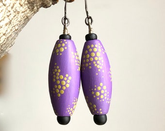 Violet & Chartreuse Hand-Painted Dots Earrings, Purple and Black, Organic Dot Pattern