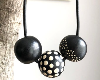 Bold Black and White Hand-Painted Dots Necklace, Adjustable Length Leather Cord