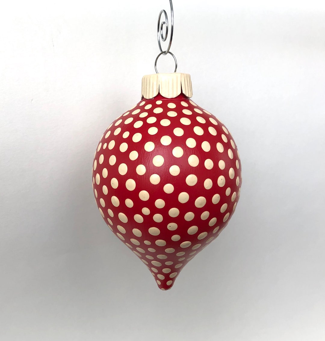 Red & White Dots Teardrop Christmas Ornament // Hand Painted Pop Art