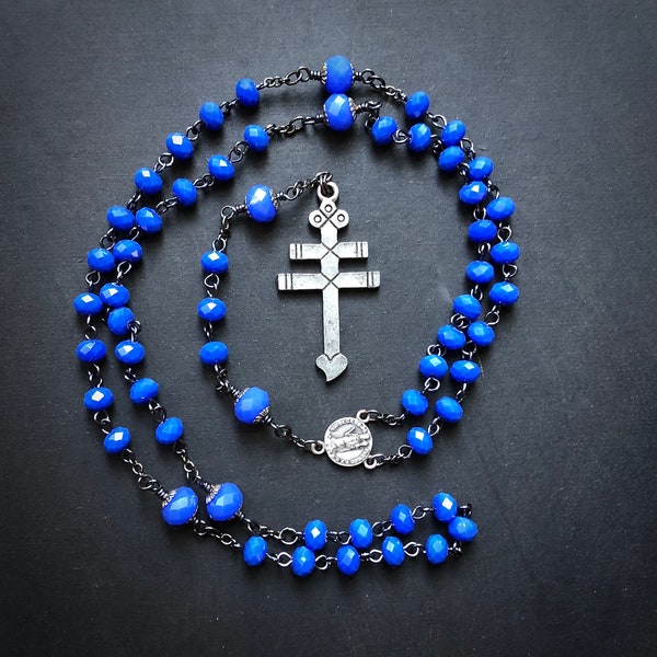 Blue Rosary with Isleta Cross, Double Bar Cross Periwinkle Glass, Neon Gothic Prayer Beads, Bleeding Heart Cross