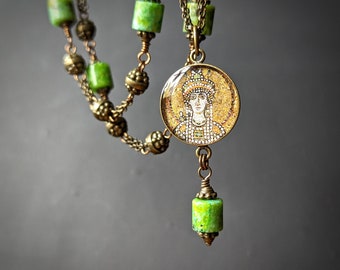 Theodora Necklace - Medieval Influenced Brass and Stone Bead Chain with Byzantine Mosaic Image Pendant