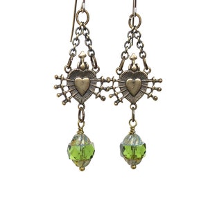 Leaf Green Seven Sorrows Earrings, Rosary Style Dangles, Heart and Swords, Romantic Goth