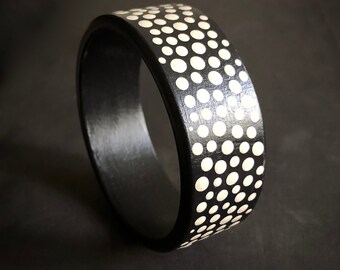 Black and White Dots Hand-Painted Wooden Bangle, Textured Dot Bracelet