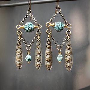 Bronze Age Myth Earrings with Blue-Green Verdigris Beads, Etruscan Inspired, Ancient Roman Dangles, Archaic Goddess