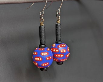 Strange Sphere Earrings, Hand Painted Art Jewelry, Red Purple Black