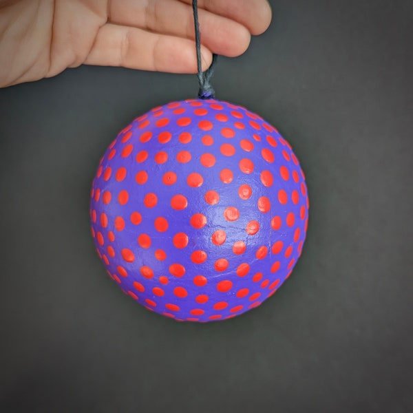 LARGE Hand-Painted Ball Ornament - Violet Purple with Red Dots