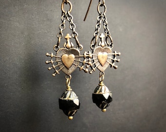 Christabel Earrings, Bronze Sacred Heart and Swords with Black Striped Turbine Beads, Seven Sorrows, Elegant Gothic Mourning Jewelry