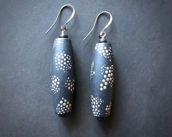 Black and Beige Hand-Painted Dot Earrings, Nickel Free Natural Spotted Pattern