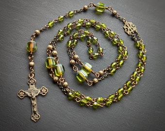 Delicate Rosary with Bright Green Glass Beads and Bronze Components, Antique Victorian Style