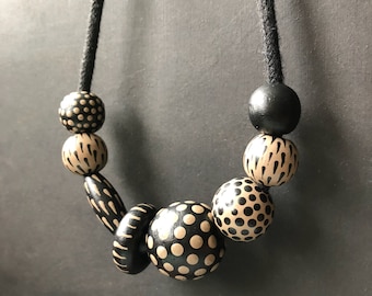 Black & Taupe Painted Dots Necklace, Lagenlook Jewelry, Multiple Style Options, Black Cotton Cord and Wooden Beads