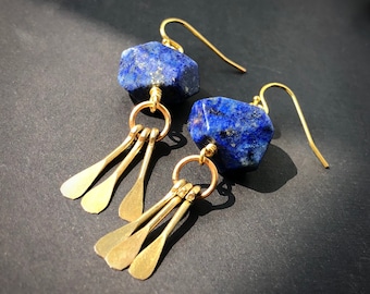 Natural Lapis Chunk Earrings with Golden Drops, Modern Semiprecious Dangles, Blue with Gold Flecks