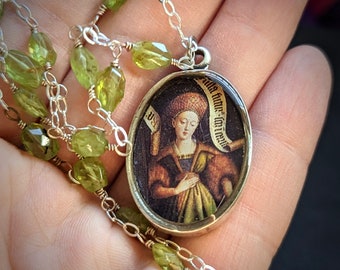 The Sibyl Necklace with Peridot Beaded Sterling Chain  /  Van Eyck Ghent Altarpiece 15th Century, August Birthstone