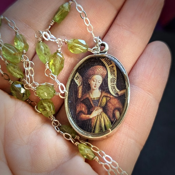 The Sibyl Necklace with Peridot Beaded Sterling Chain  /  Van Eyck Ghent Altarpiece 15th Century, August Birthstone