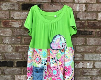 Upcycled Lime Green Bright Summer Dress 1005