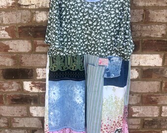 Upcycled Green Leaf Patchwork Boho Summer Dress 1004