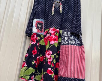 Upcycled Dark Blue Floral Patchwork Boho Tunic 1049