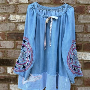 Upcycled Light Blue Tunic with Embroidered Sleeves and Denim Bottom.