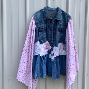 Upcycled Denim Pink Sleeve Art Jacket Boho Patchwork 1018