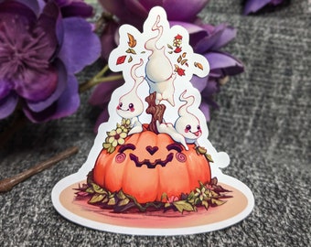 3 Ghosties on a Pumpkin - Cute Halloween Sticker, Vinyl Sticker, Die Cut Sticker