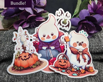 Cute Halloween Stickers - Ghostie Bundle - A Little Vampin, Snacks, 3 Ghosties on a Pumpkin
