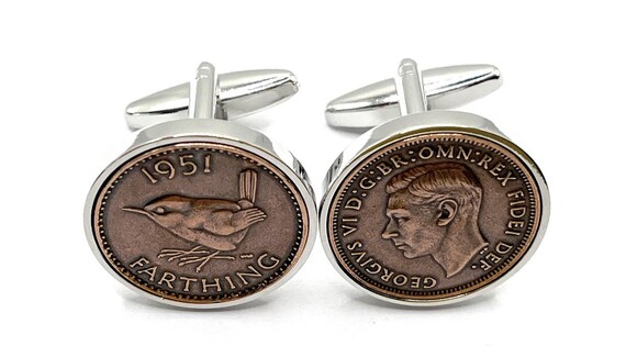 Luxury 1951 Farthing Cufflinks for a 74th birthday.  Original british Farthings 74th Birthday Dad Uncle Husband Fathers Day HT