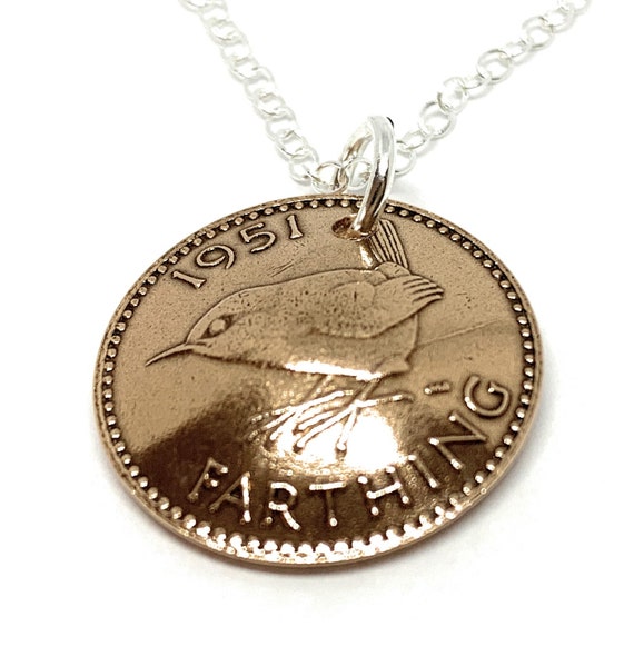 1951 Farthing Domed Farthing pendant 74th birthday.  Original sixpence coins Great gift from 1951 - mothers day gift idea Thinking Of You