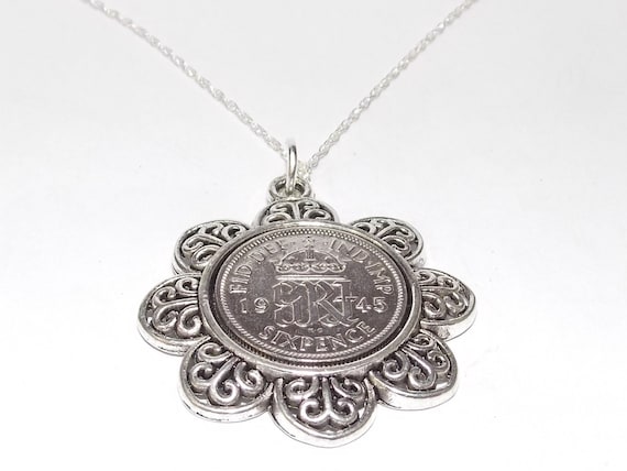 Floral Pendant 1945 Lucky sixpence 80th Birthday plus a Sterling Silver 18in Chain 80th birthday gift for her Thinking Of You, Mum Dad