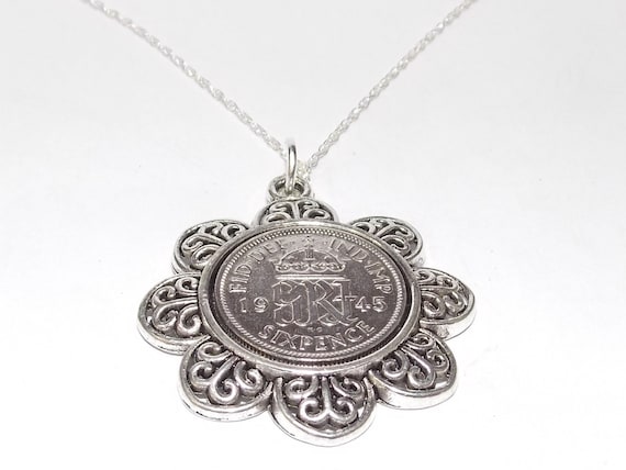 Floral Pendant 1945 Lucky sixpence 79th Birthday plus a Sterling Silver 18in Chain 79th birthday gift for her Thinking Of You, Mum Dad