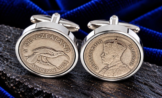 92nd Birthday gift 1934 New Zealand Sixpence Coin Cufflinks: Silver Plated Mounts