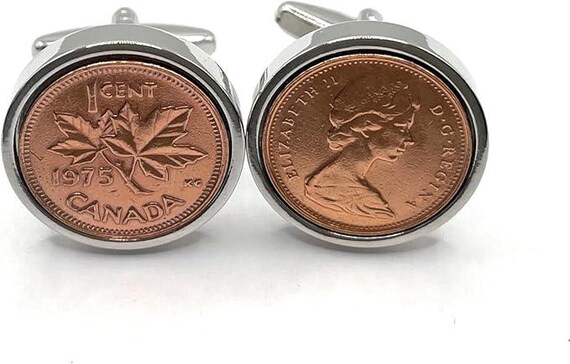 1975 50th Birthday gift Anniversary 1 cent Canadian coin cufflinks One cent cufflinks from 1975 for a 50th birthday present Thinking Of You
