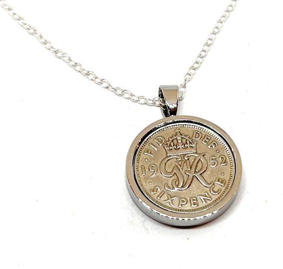 Round Pendant 1952 Lucky sixpence 73rd Birthday plus a Sterling Silver 18in Chain - 1952, 1952 73rd birthday gift, 73rd gift, 1952 gift
