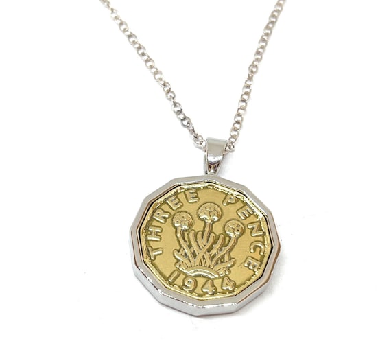 1944 Threepence Coin Pendant 81st Birthday Gift: Silver Plated Mount