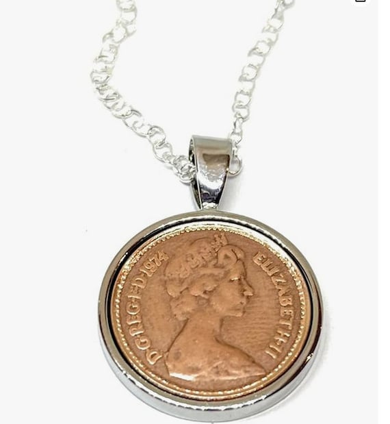 50th Birthday gifts for women / Anniversary one pence Solid Pendant - one pence Pendant from 1974 for a 50th Birthday SLV