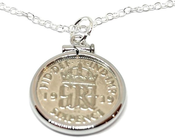 87th Birthday Gift, 1939 Sixpence Coin Pendant Solid Cinch: Sterling Silver Chain