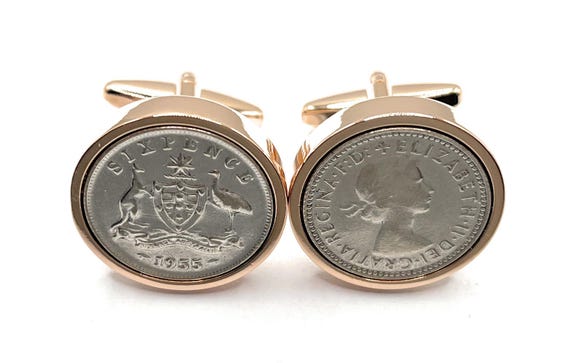 Premium 1955 Australian Sixpence Cufflinks for a 70th birthday.  Original British Sixpence, 70th birthday , 70th, gift from 1955  Rose GLD