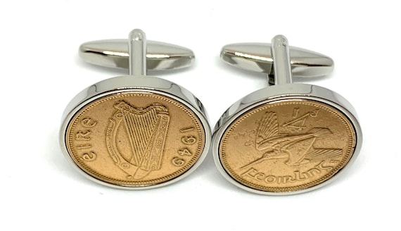 Luxury 1949 Irish Farthing Cufflinks for a 76th birthday.  Original Irish Farthings inset in Premium Cufflinks backs 75th