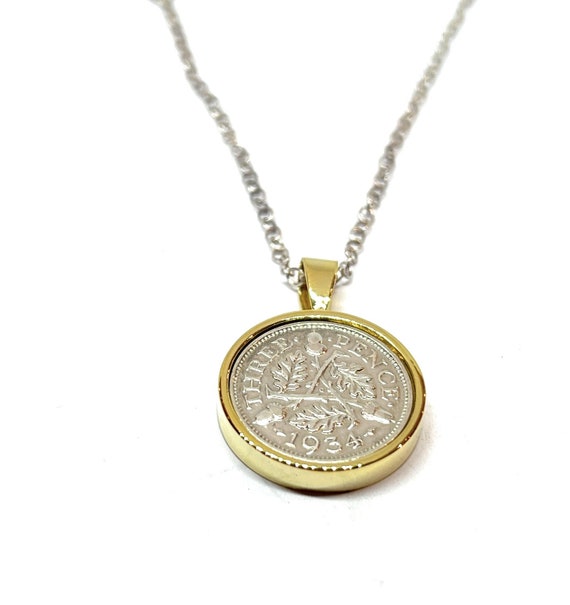 1934 90th Birthday / Anniversary 3d Threepence coin Solid pendant Sterling Silver chain  90th birthday gift for Women, Thinking Of You GLD